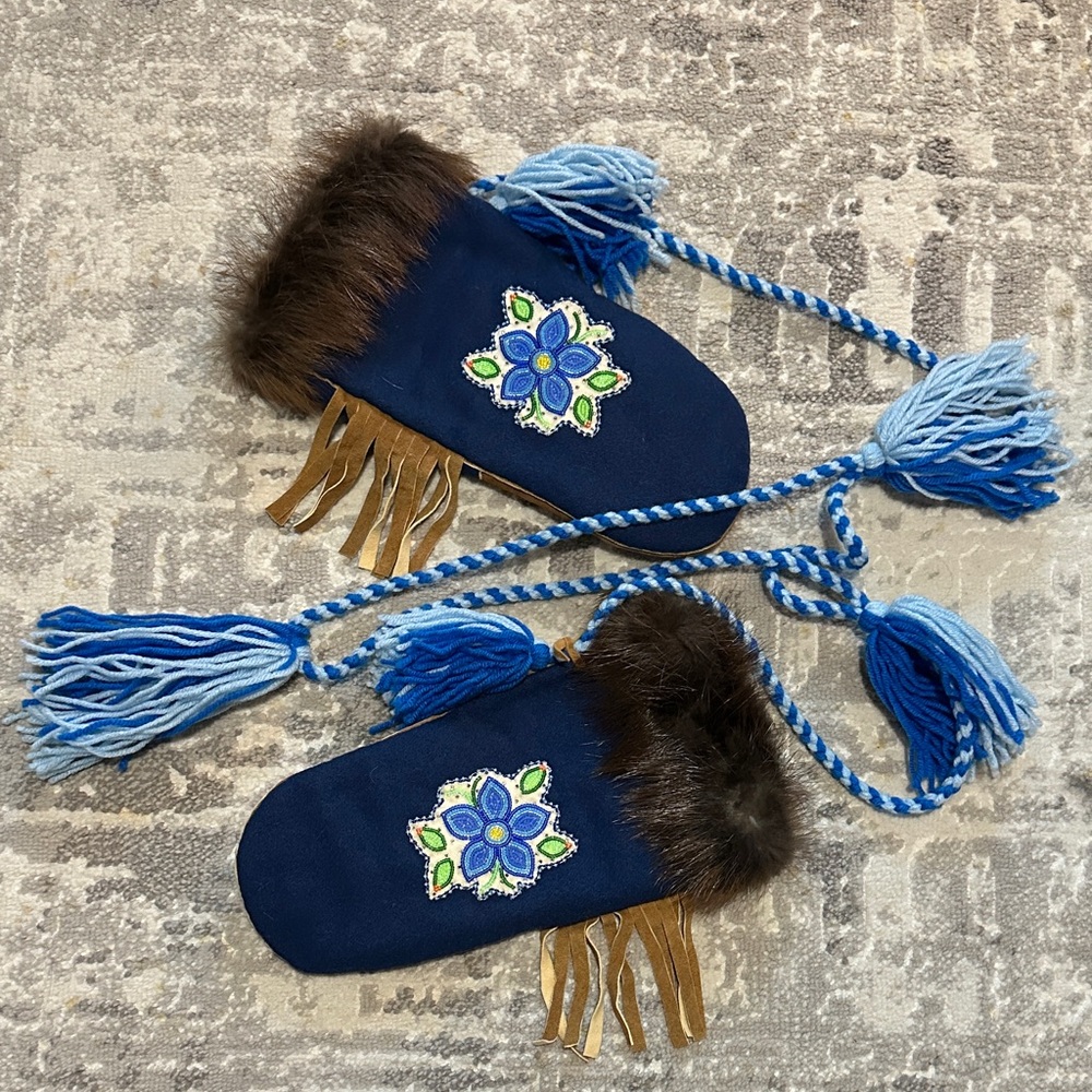 Custom Hand Made Embroidered Blue Beaded Mittens with Fur Trim